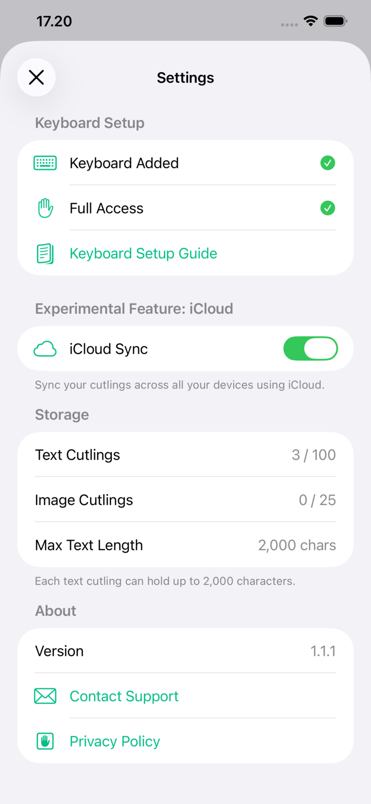 Cutling settings screen