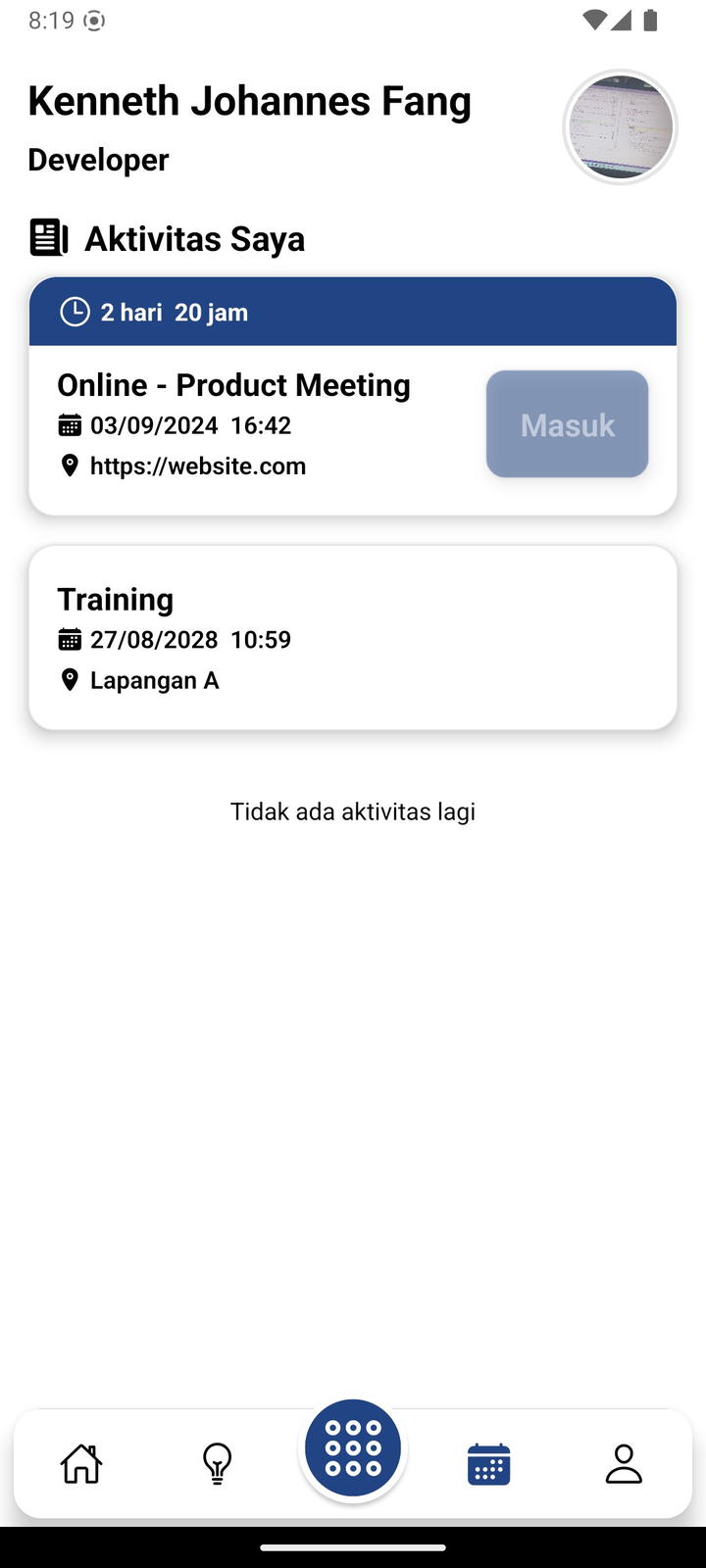 PolindoHC personal activity list showing the events an employee has registered for, with a countdown to the next one