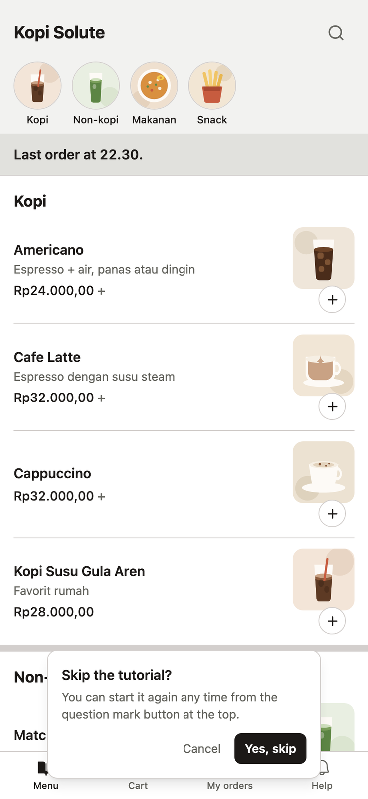 Solute guest ordering screen on a phone, showing the venue's menu by category