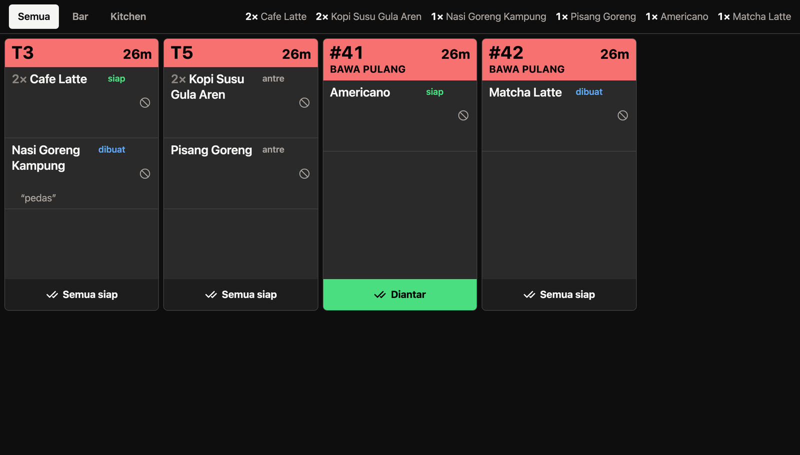 Solute kitchen display showing four order tickets with per-item preparation state