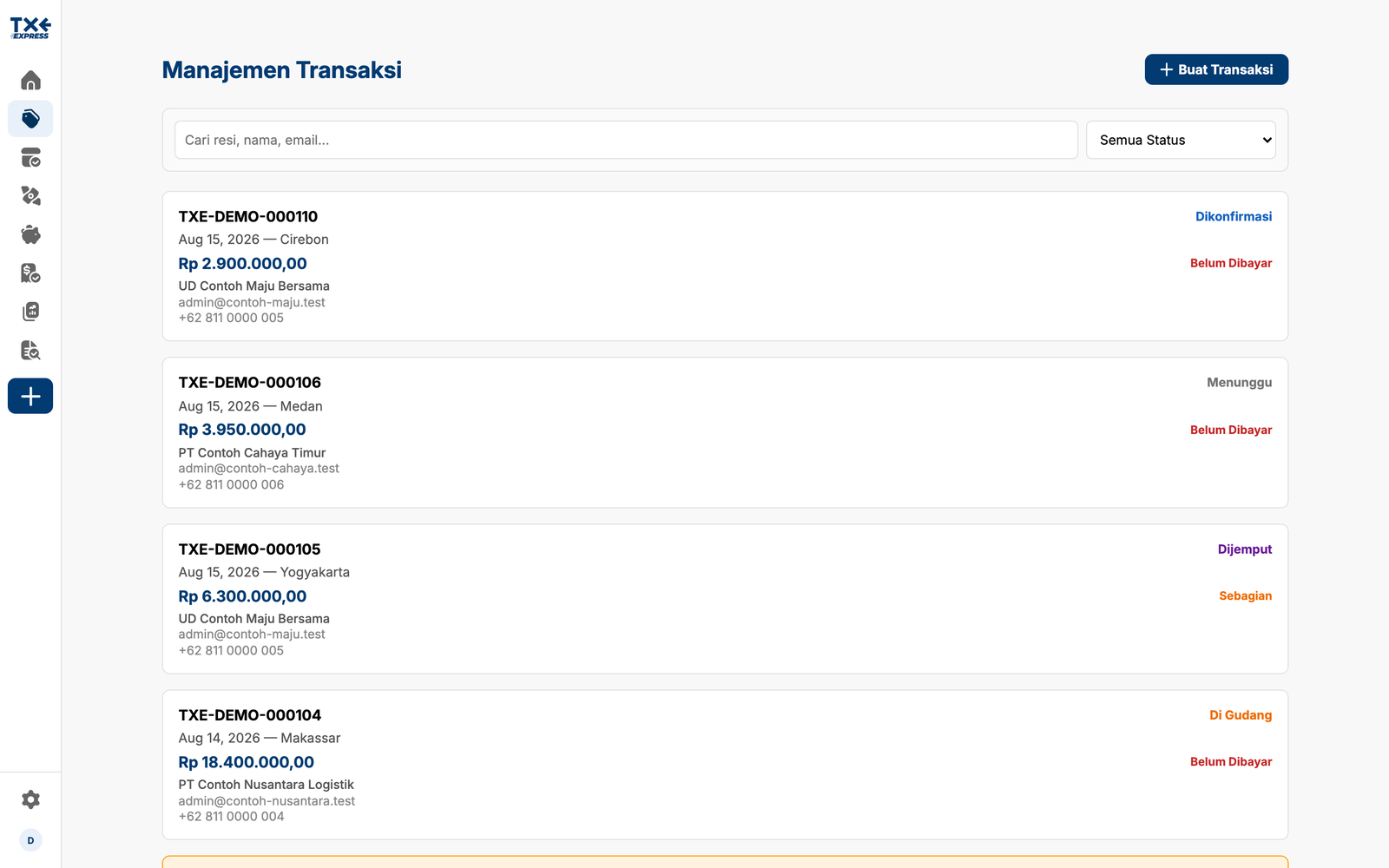 TXE Express shipment management list, each entry showing tracking number, destination, amount, and payment state