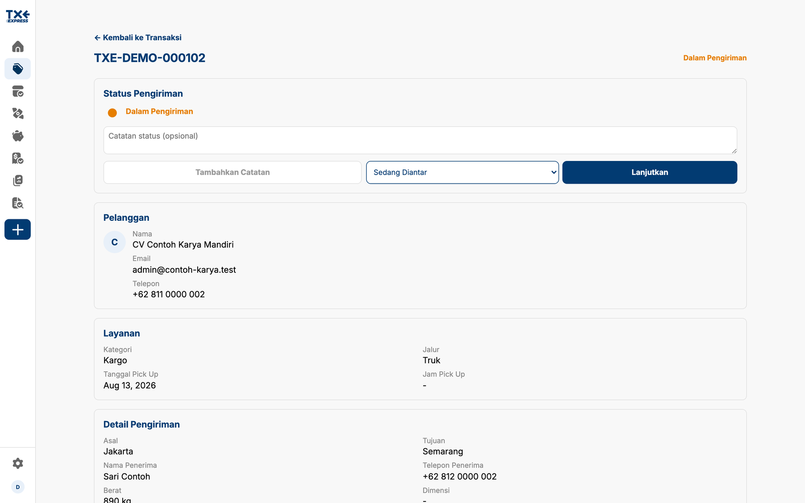 TXE Express shipment detail with status advancement, customer, service, and delivery information