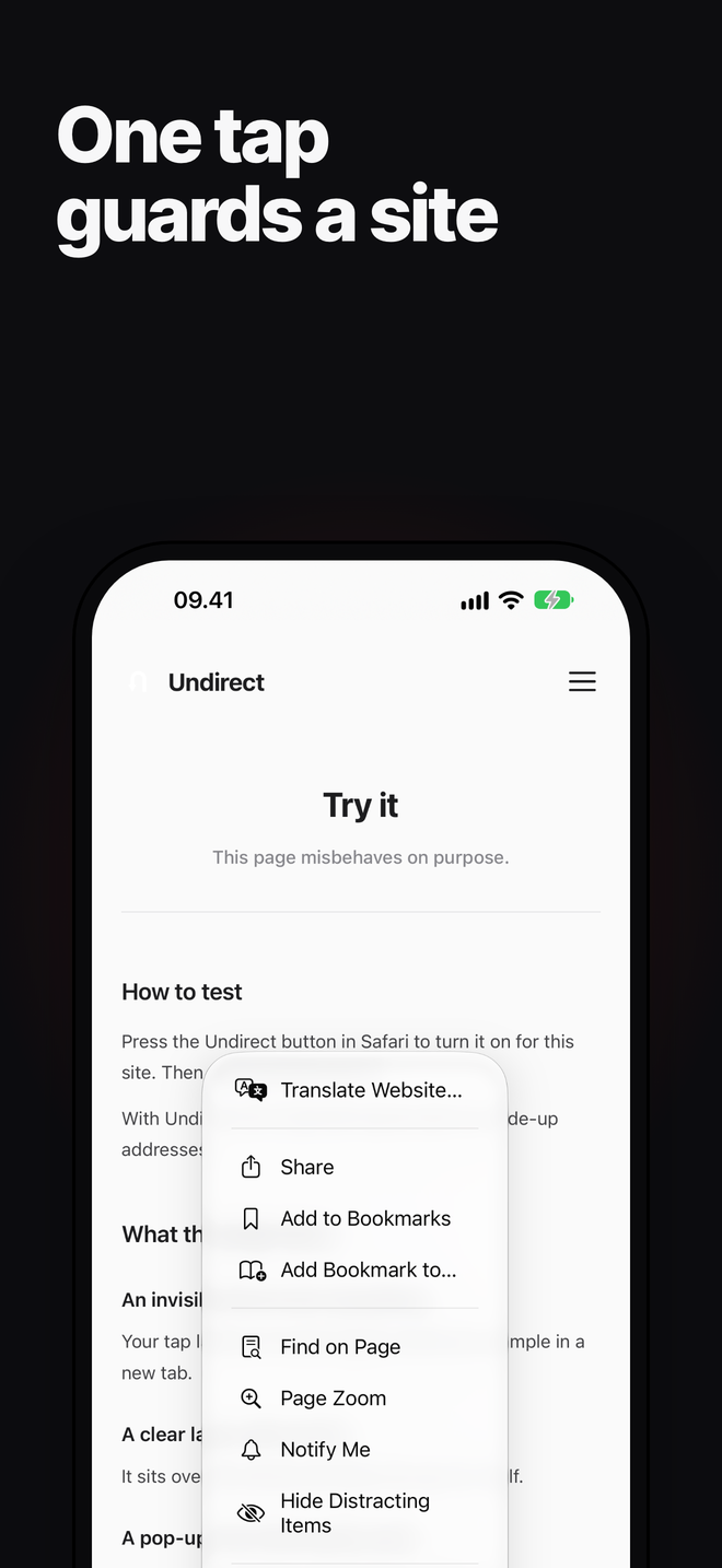 Turning Undirect on for a site from the Safari page menu on iPhone