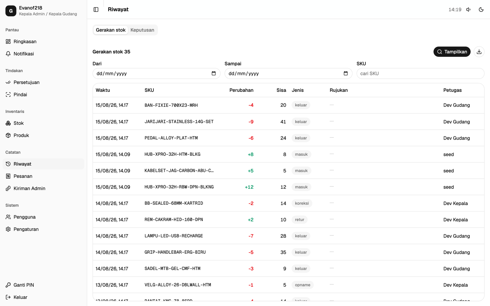 Warehouse Ops append-only stock ledger, showing each change with its balance, reason, and the staff member responsible
