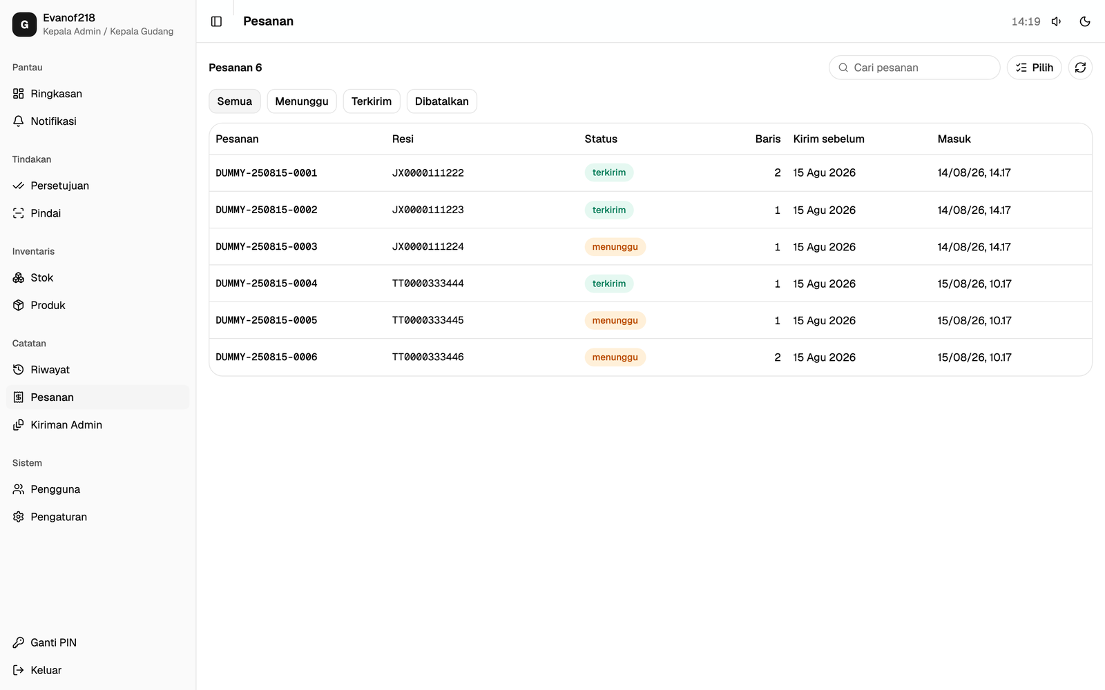 Warehouse Ops order list parsed from shipping-label PDFs, with tracking number and packing status
